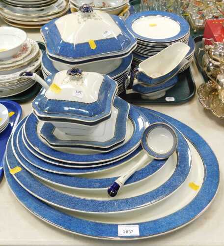A Woods ware powder blue part dinner service, to include tureens with lids, dinner plates, side...
