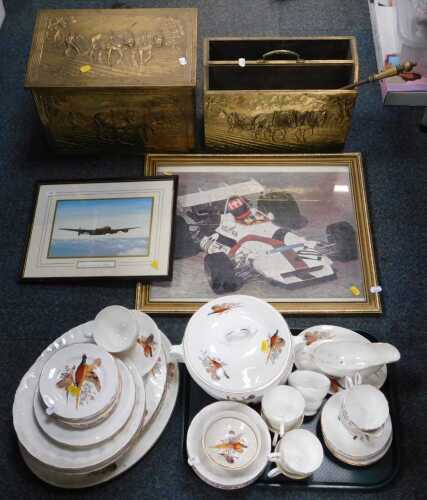 Brassware and household items, to include a log box, with an embossed finished brass casing, a...
