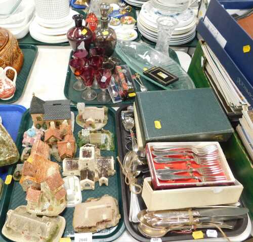 Metalware, glassware, ceramics, household items, to include flatware, cutlery, miniature houses...