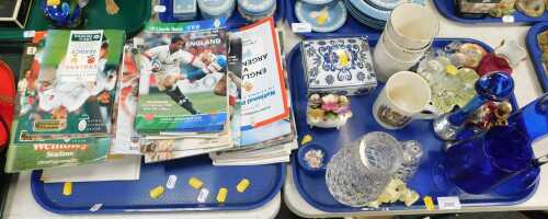 Glassware and ceramics, to include blue glass water jug, bell, large glass vase, mottled blue...
