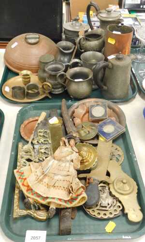 Metalware, to include a copper hot water bottle, brass candlestick or chamber stick, napkin...
