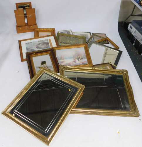 Pictures, prints and mirrors, to include two large bevelled mirrors with gilt frames, a large...