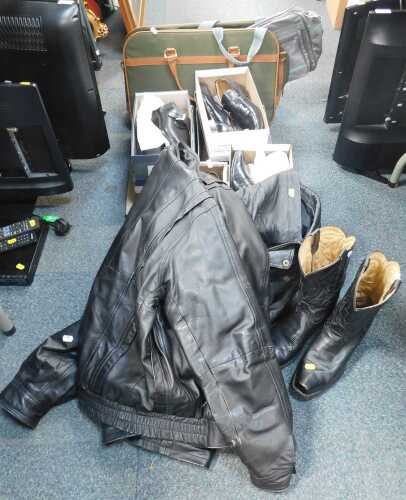 Clothing, textiles and shoes, to include two leather jackets, a pair of black cowboy boots, a...