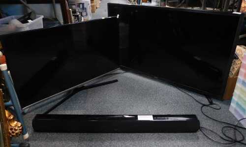 A Samsung 40" flatscreen TV, UE40TD, a sound bar, and another Samsung flatscreen TV, both with...