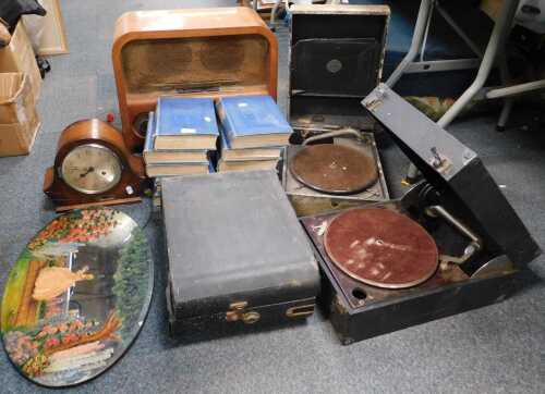 Books, to include The Children's Encyclopaedia, an oval painted mirror, mantel clock, a portable...