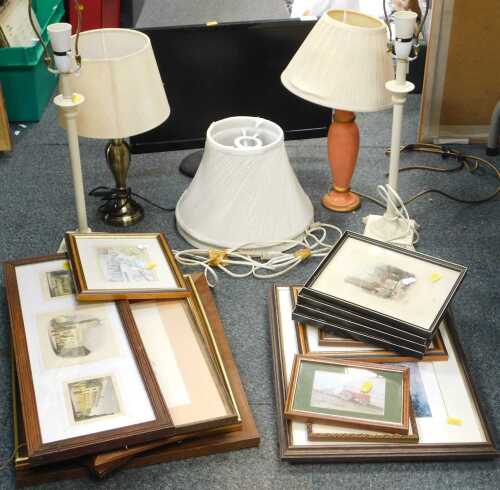 Household items, to include pictures and prints, mostly landscapes, table lamps, and a small LG...
