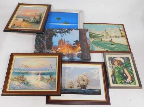 Pictures, prints, etc., to include C Warritz, Desert Island, oil on canvas, signed, 41cm x 50cm,...