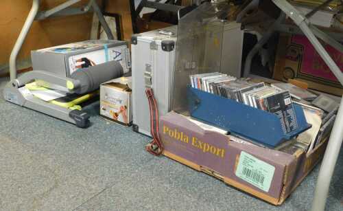 Tools and exercise equipment, including an Absolute Abs Workout pack, a New Image barbell, CDs,...