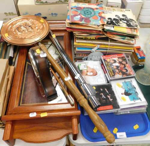 Household items, to include a modern wall clock, a copper warming pan with embossed finish, a...