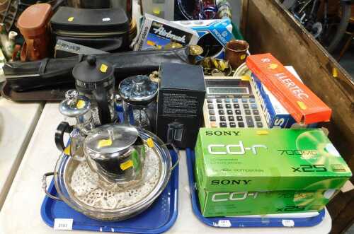 Household wares, comprising a pair of speakers, metalware including teapot, bowl with glass...