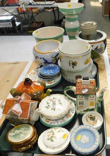 Ceramics, to include a planter and stand, teapots in the form of houses, small plates, side...
