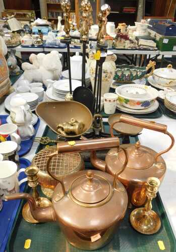 Metalware, to include two large copper kettles, candlesticks, set of scales, fire irons, etc. (2...