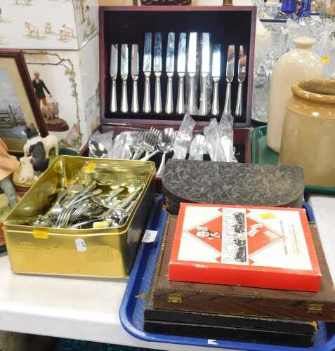 A canteen of cutlery, together with loose flatware, a small Monopoly game, etc. (1 tray and loose)