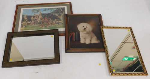 Pictures and prints, comprising a photographic representation of a dog, a countryside landscape,...