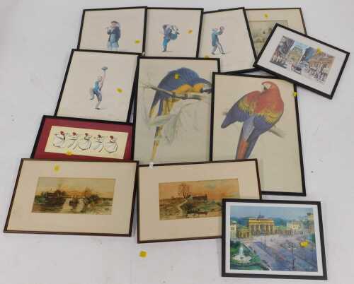 Pictures and prints, to include black and white townscapes, portraits, etc. (12, under 1 table)