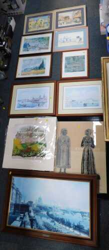 Pictures and prints, to include townscapes, portraits, etc. (11, under 1 table)