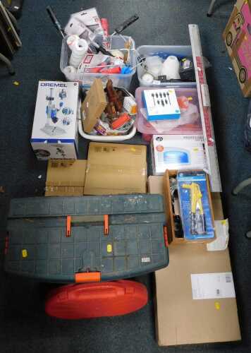 Tools, to include a boxed Dremel drill stand, a professional UV lamp, box containing chargers,...