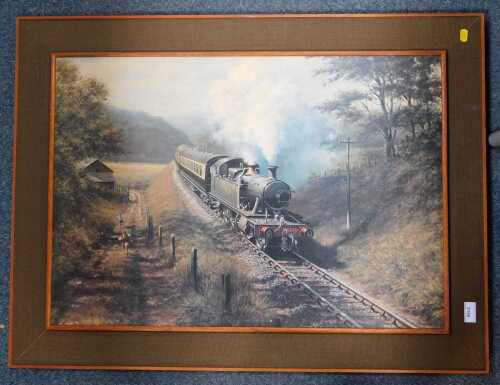 A large framed picture, titled Racing the Train.