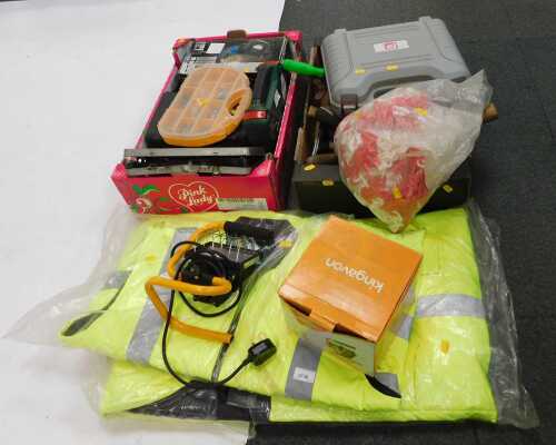 A quantity of hi-vis padded vests, a quantity of tools including hand tools, brushes, hammers,...