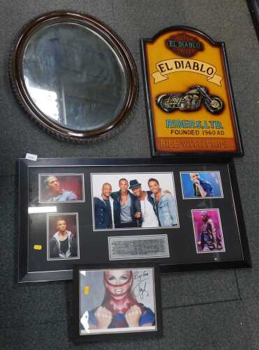 Pictures, prints and mirrors, to include a large montage picture showing five photographic...
