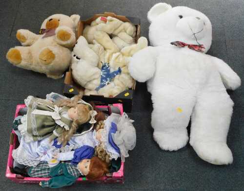 Toys and soft toys, comprising two large Teddy bears, and a box containing a quantity of dolls,...