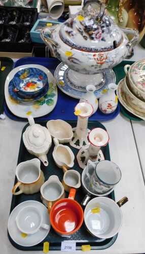 Ceramics, to include Masons candlesticks, lugs, small water jugs, small creamware teapot,...