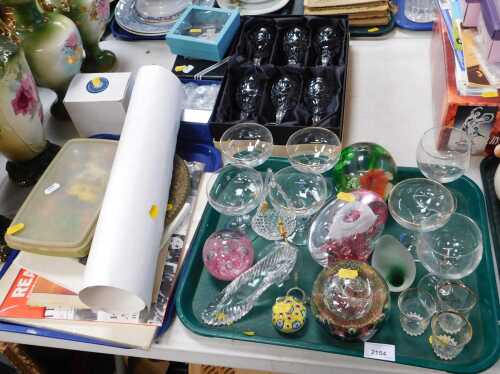 Glassware, to include large dump weights, champagne glasses, small shot glasses, cut glass wines...