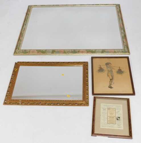 Pictures, prints and mirrors, comprising a large bevelled rectangular mirror, one other gilt...