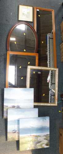 Mirrors, pictures and prints, comprising one large rectangular wall mirror, an oval bevelled...