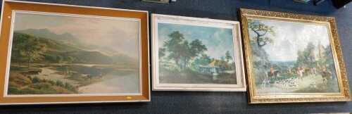 Pictures and prints, comprising a Highland landscape, woodland landscape with dwelling, and a...
