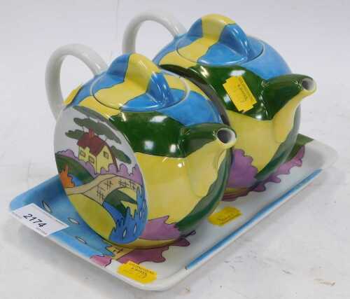A Seltmann Weiden West Germany ceramic tea set, comprising two teapots and tray, in Clarice...