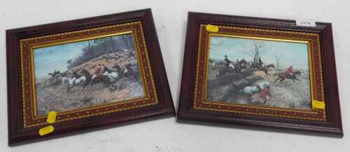Two printed hunting scenes, in frames.