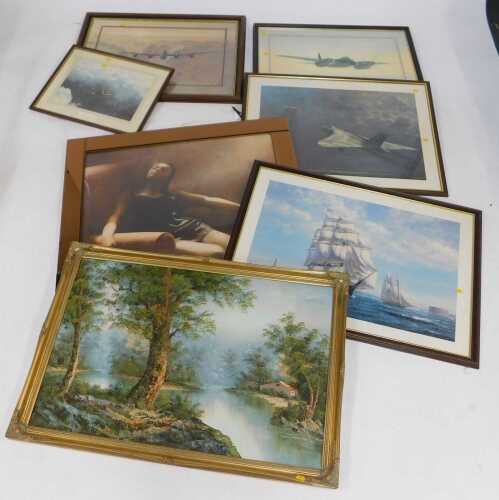 Pictures and prints, comprising various prints of aircraft, marine scene, a mirrored framed...