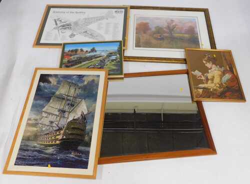 Pictures, prints and mirrors, comprising a large bevelled rectangular mirror, various framed...
