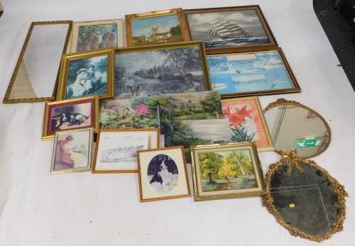 Pictures, prints and mirrors, to include an oil on canvas of a windmill with cows to foreground,...