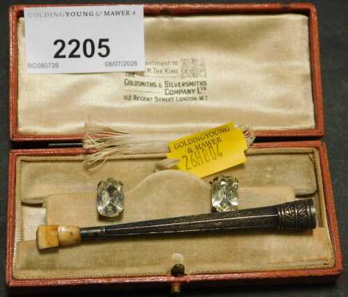 A cheroot holder, with bone mount, together with a pair of clear stone set clip on earrings, boxed.