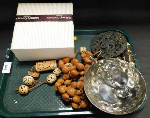 A Culinary Concepts hammered bowl, with strainer spoon, together with Eastern beaded necklace,...