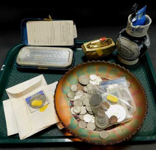A Ronson table lighter, together with carnival glass dish, part silver and other coinage, Rolls...