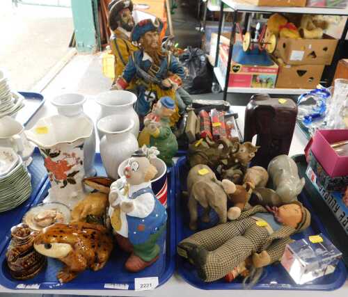 Decorative china and effects, to include vases, elephant figures, moulded glass dolphin...