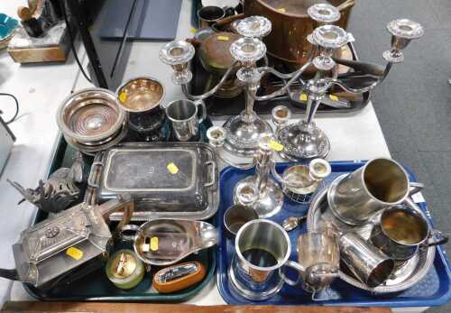 Metalware, to include teapot, wine coasters, pair of three branch candelabrum, tankards, beakers,...