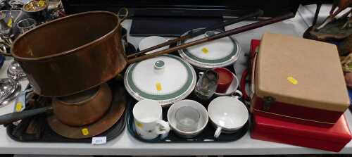 Copperware, to include a twin handled cooking vessel, teapot, two golf clubs, Crown Ducal...
