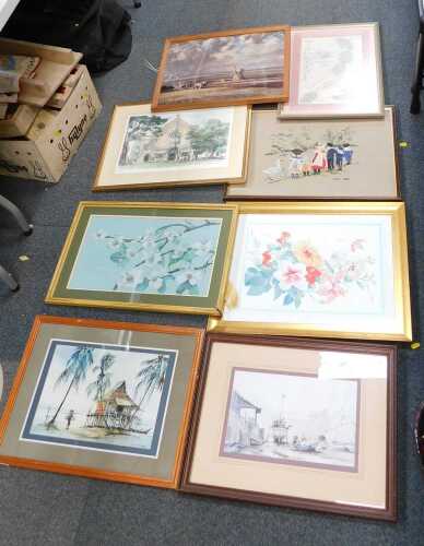 Pictures, prints, etc., to include fishing boat scenes, floral studies, embroidery, etc. (a...