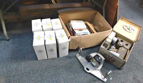 Boxed Edinburgh crystal glasses, together with LP and 78rpm records, cine camera, cutter/splicer,...