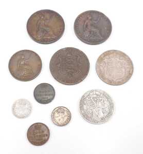 Coins. A Victorian 1884 penny, another 1854, 1896 florin, various other low denomination,... - 2