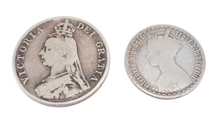 Coins. A Victorian double florin 1890 and a gothic florin 1853. (2)