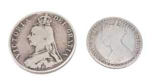 Coins. A Victorian double florin 1890 and a gothic florin 1853. (2)