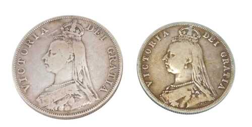 Coins. A Victorian double florin 1889, and a jubilee head half crown 1887. (2)