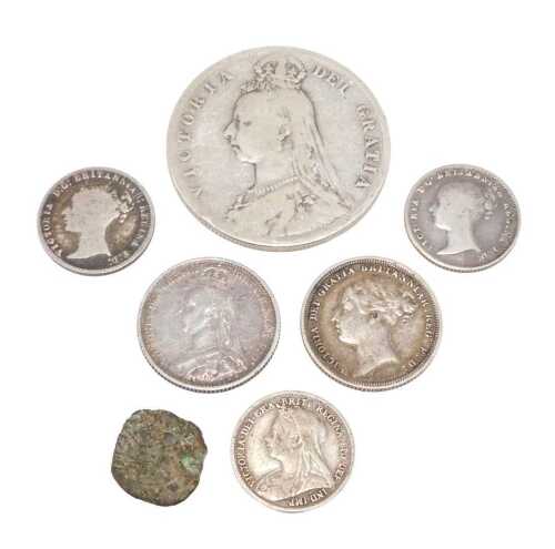 Coins. Various Victorian, half crown 1890, 1883 six pence, another 1887, and a small quantity of...