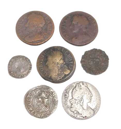 Various coins. A Charles I penny, a William III six pence 1696, a half groat, James II Irish gun...