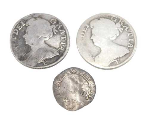 Various coins. Two Queen Anne shillings, each probably 1708, and a James II two pence. (3)
